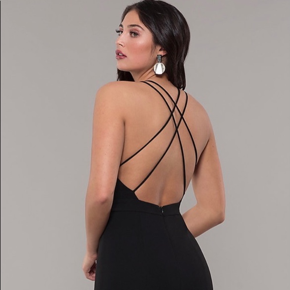 Strappy Open Back Long Black Formal Dress